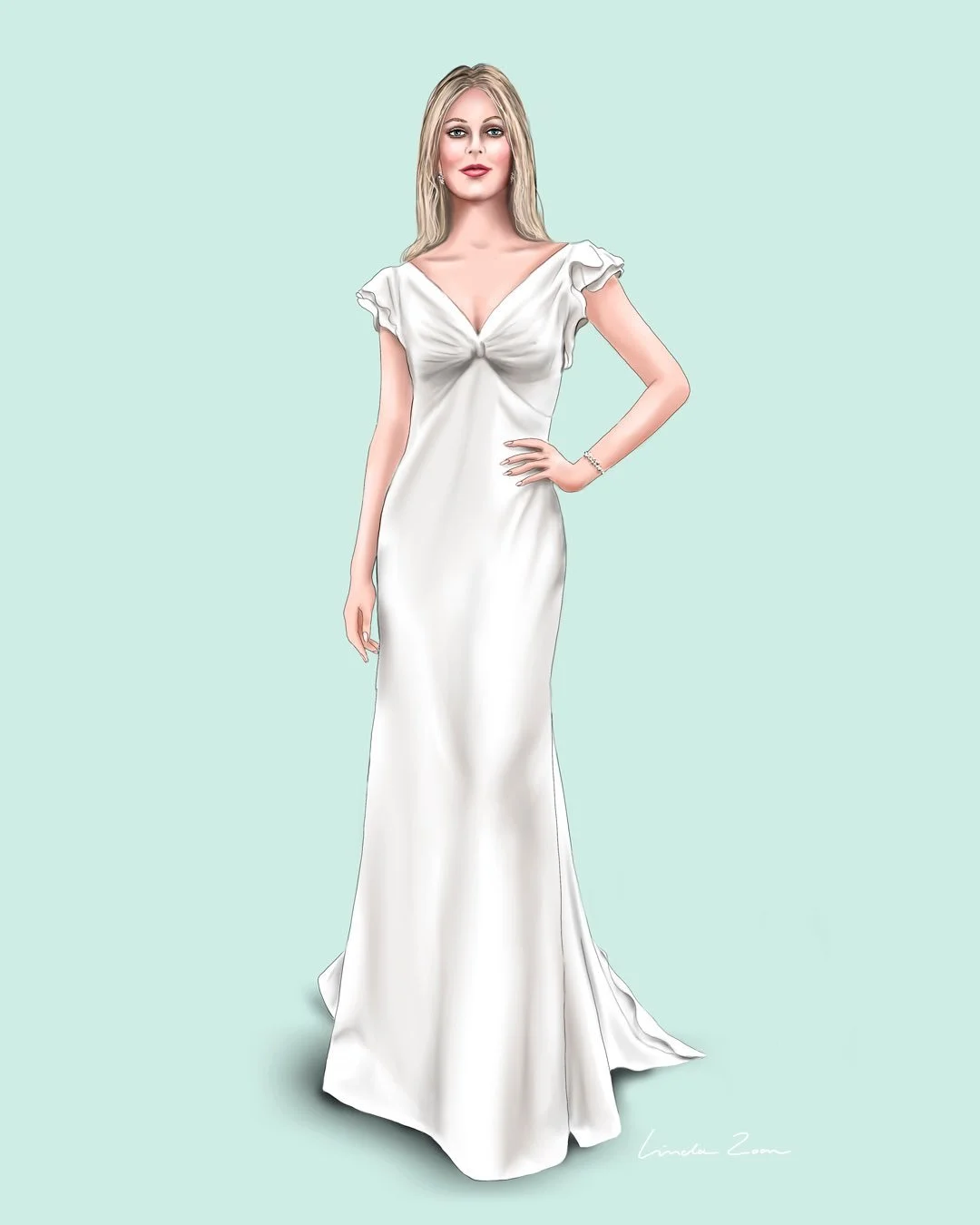 Maart een mooie maand voor een voorjaars illustratie. Natuurlijk gemaakt door Linda Zoon en aangevuld met voorjaarsbloemen van de meiden van de Snor.
De japon is gemaakt van helderivoor kleurige cr&ecirc;pe en heeft volants langs mouw en sleep.

#tro