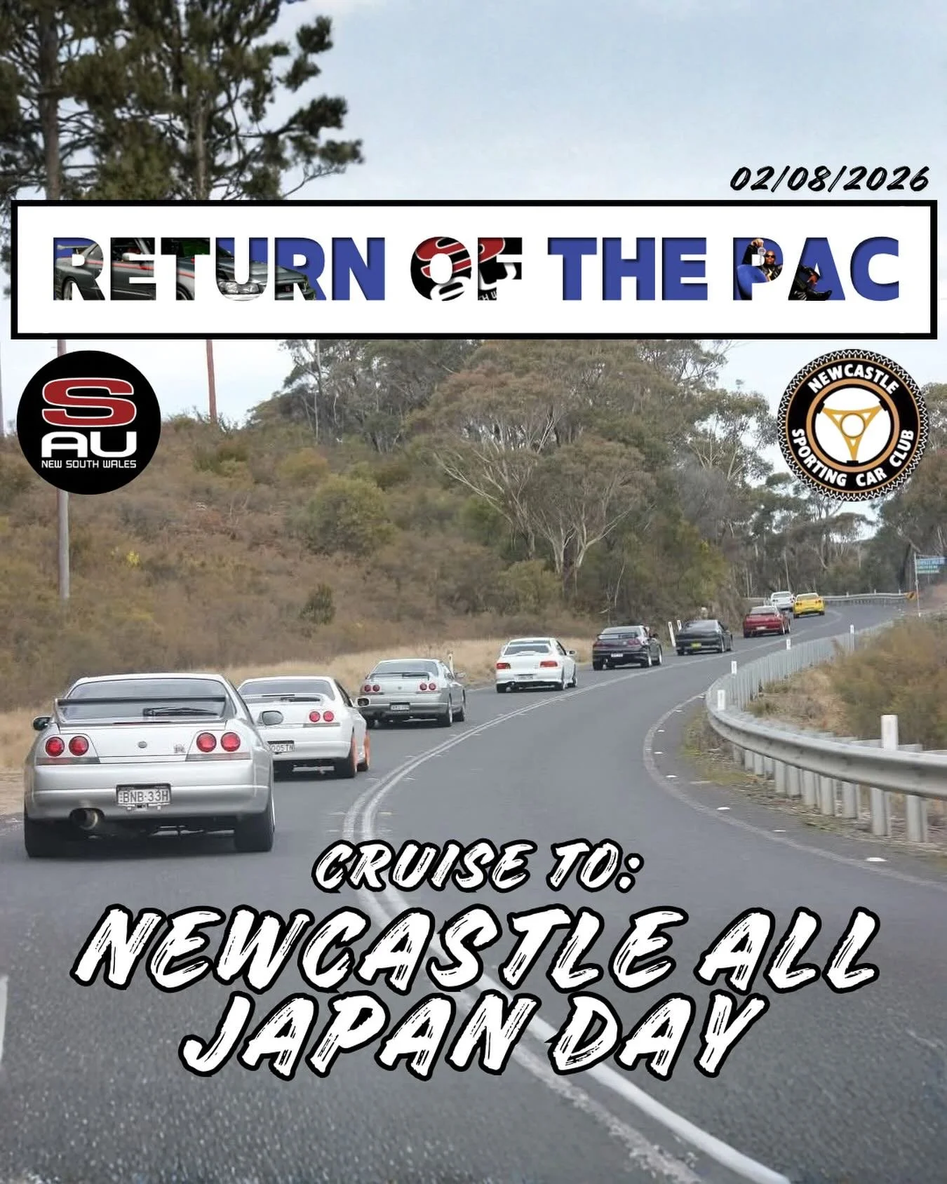 🎶Return of the Pac🎶

SAU NSW Old Pac Cruise to Newcastle All Japan Day 2026 🇯🇵

📅 Sunday 2nd August 2026

🕔5:00AM Meeting Berowra Station Commuter Car Park 2

🕠 5:15AM Departure

▶️ Cruise Via Old Pacific Hwy 

🕡6:30AM Arrival to Stop 1: Heat