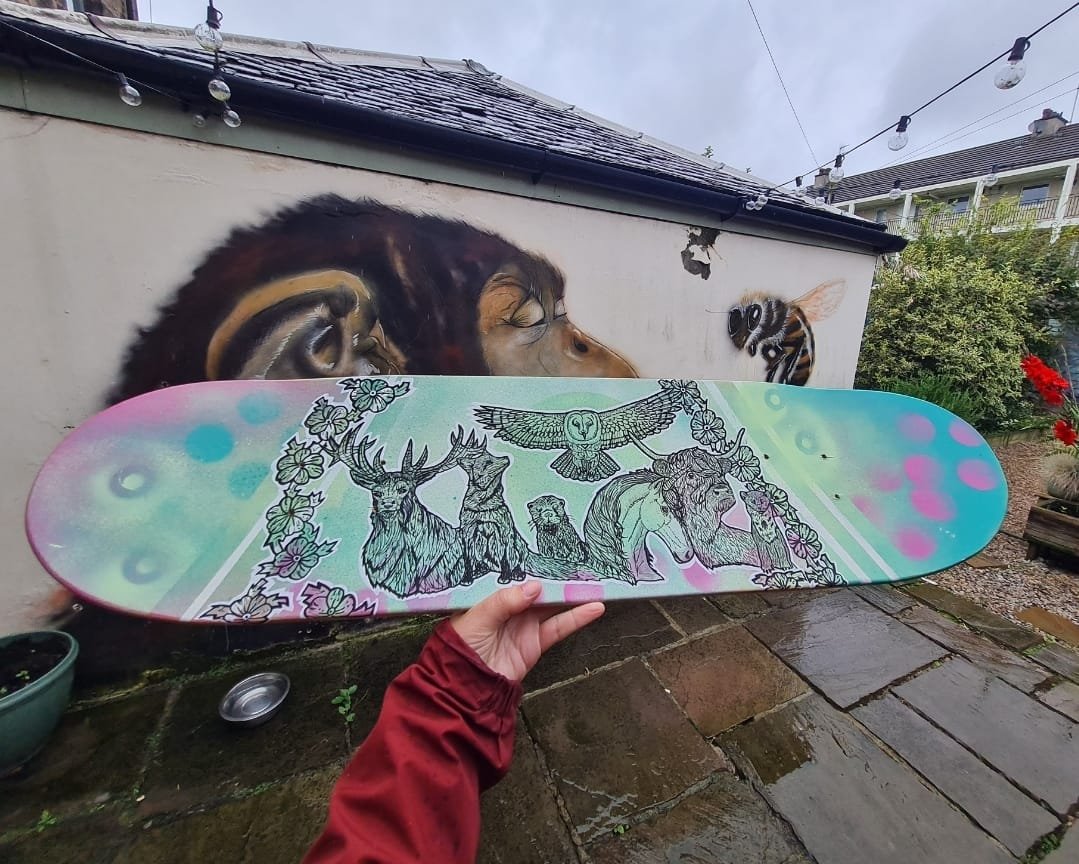Scottish Animals on a Skateboard 2024, The “Contours & Critters” Collection freehand by Cheryl Galbraith. Spray paint & Poscas on wood.
NOT FOR SALE - UNDER OFFER