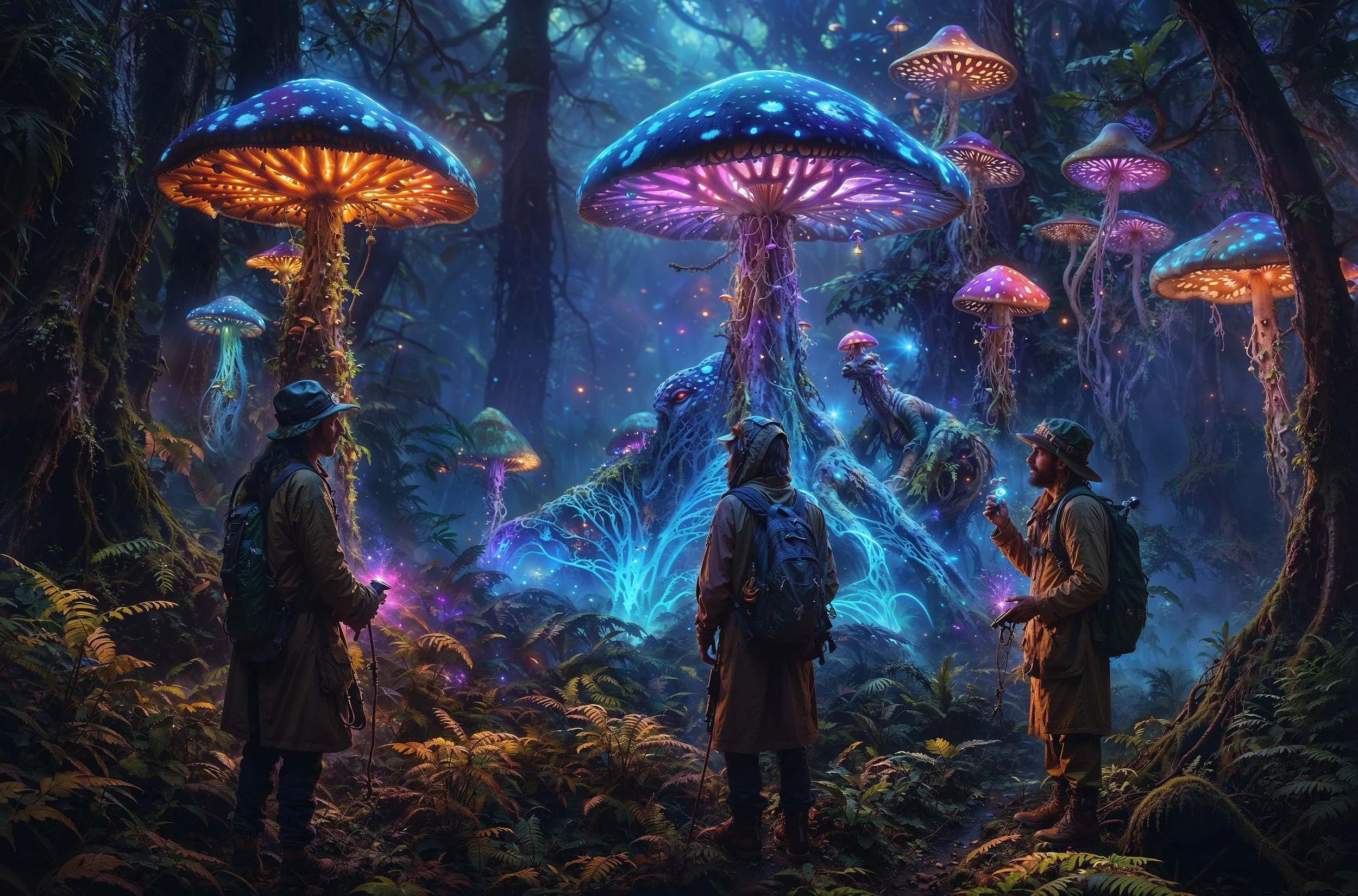 Three explorers in a mystical forest with giant glowing mushrooms and colorful lights.
