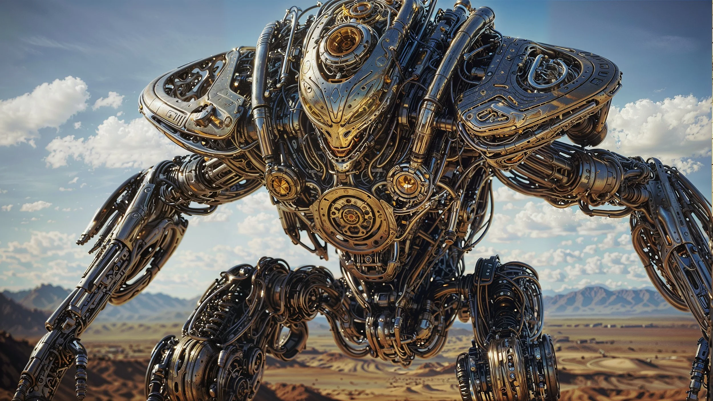 Futuristic humanoid robot in desert landscape