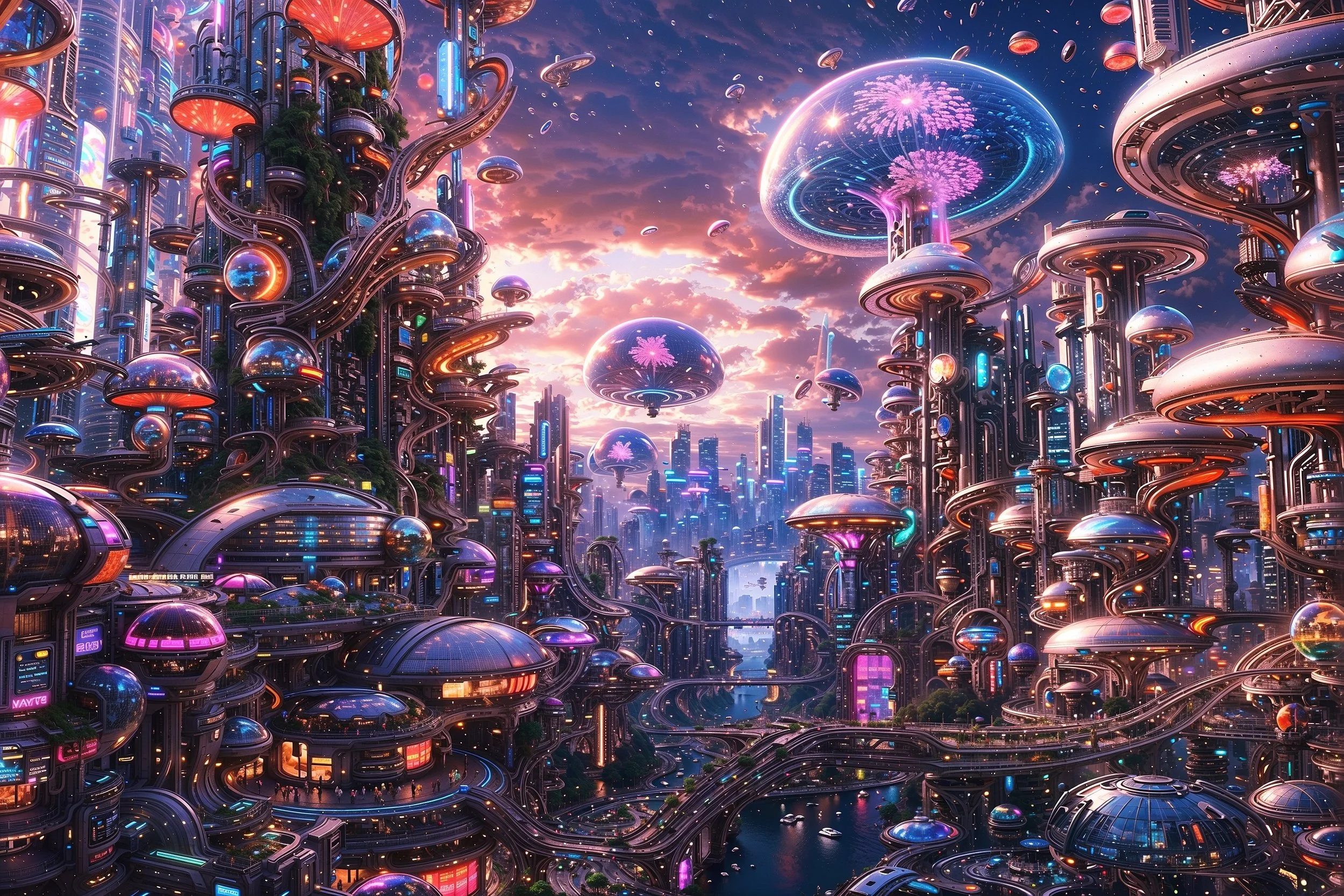 Futuristic cityscape with tall, glowing skyscrapers, domed structures, neon lights, and flying vehicles under a vibrant sky.