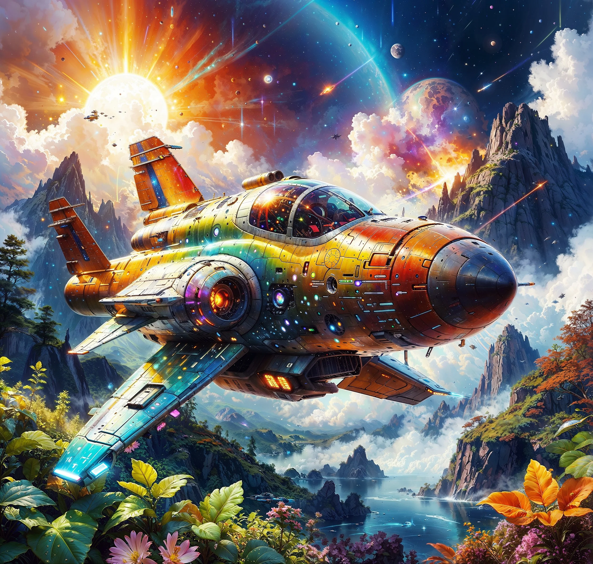 Colorful futuristic spaceship flying over a vibrant, lush landscape with mountains and a bright sky filled with celestial bodies.