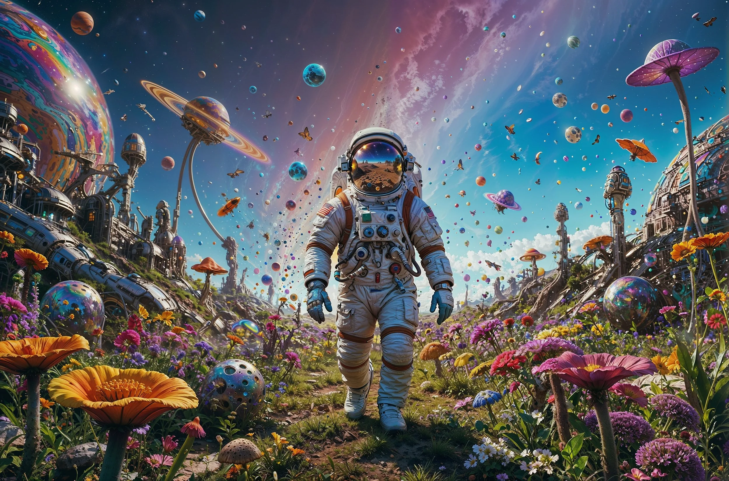 Astronaut walking through a colorful alien landscape with vibrant flowers, surreal planets, and futuristic buildings in the background.