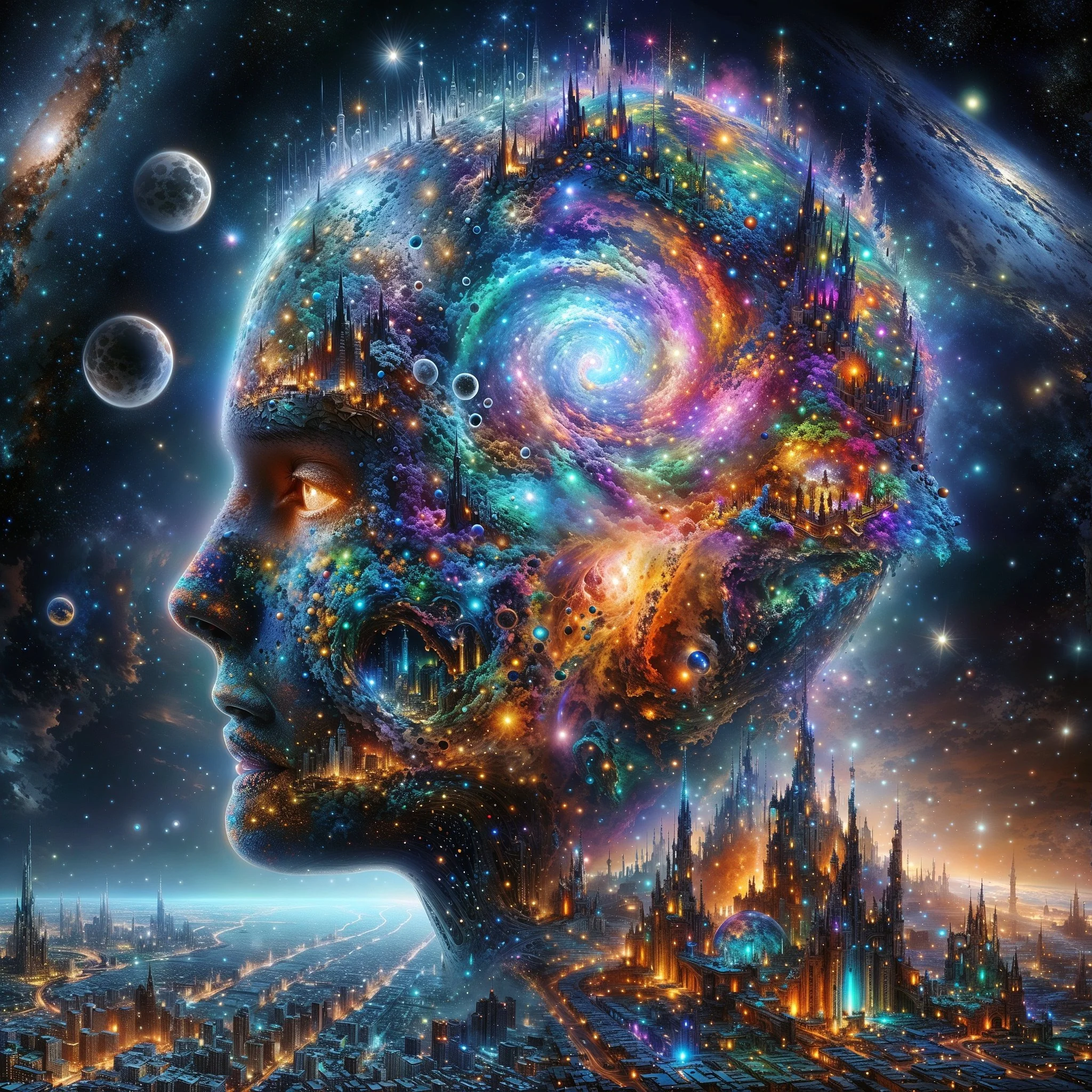 Surreal artwork of a cosmic head, with galaxy patterns, swirling colors, and planets integrated into a futuristic cityscape, symbolizing imagination and the universe.