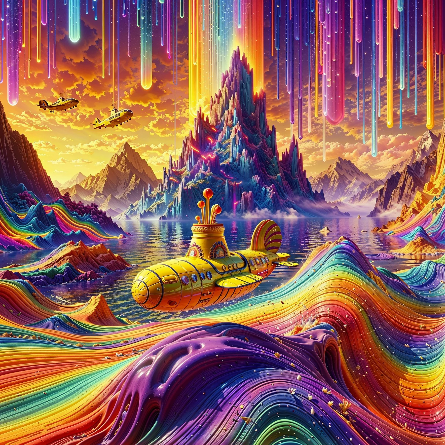 Vibrant surreal landscape with a yellow submarine and rainbow waves under a colorful sky.