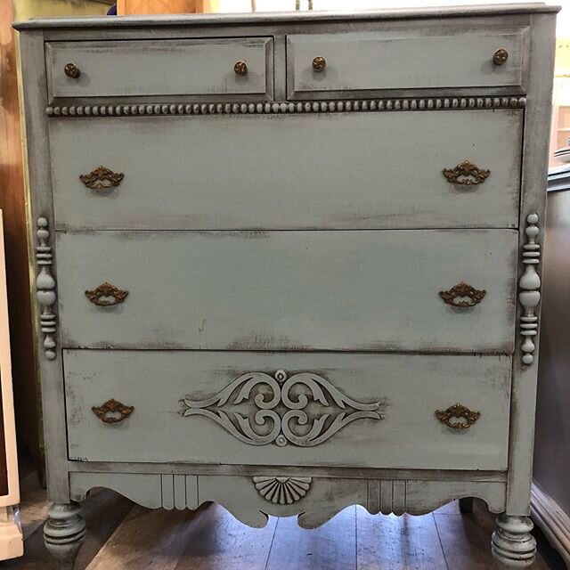 This guy! #chalkpaintedfurniture beautiful shade of baby blue with brown accents #highboydresser #dressermakeover #shopsmallbusiness #staysafe #stayhealthy