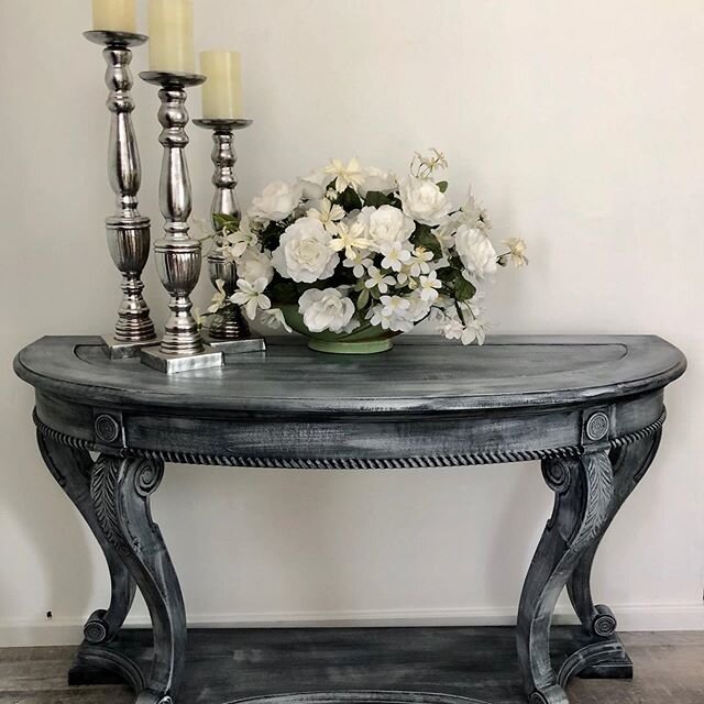 This Demi Lune table has had a complete makeover painted in layers of black and grays it&rsquo;s texture runs deep and will add that special touch to any room. #chalkpaintedfurniture #demilune #halltable #shopsmallbusiness #shoplocal #staysafe #stayh