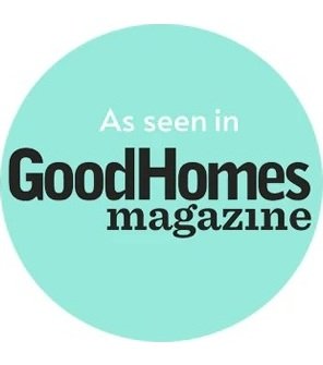Light blue circular logo with the text 'As seen in Good Homes magazine'.