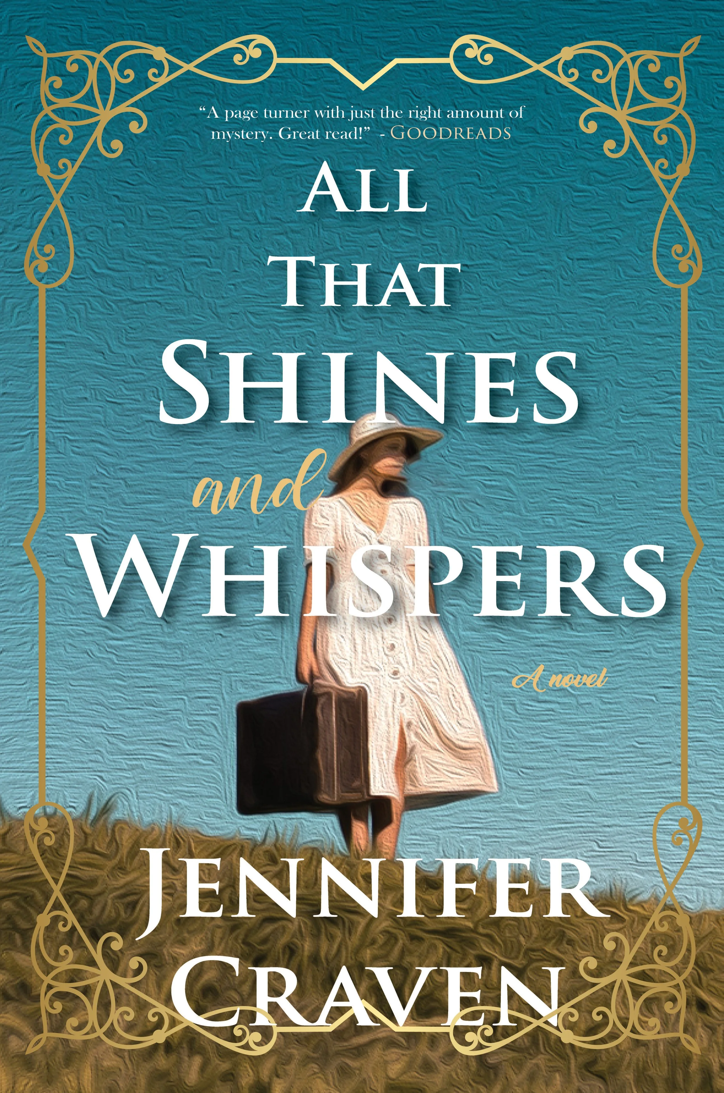 Book cover of All That Shines and Whispers by Jen Craven featuring a woman standing on a hill holding a suitcase.