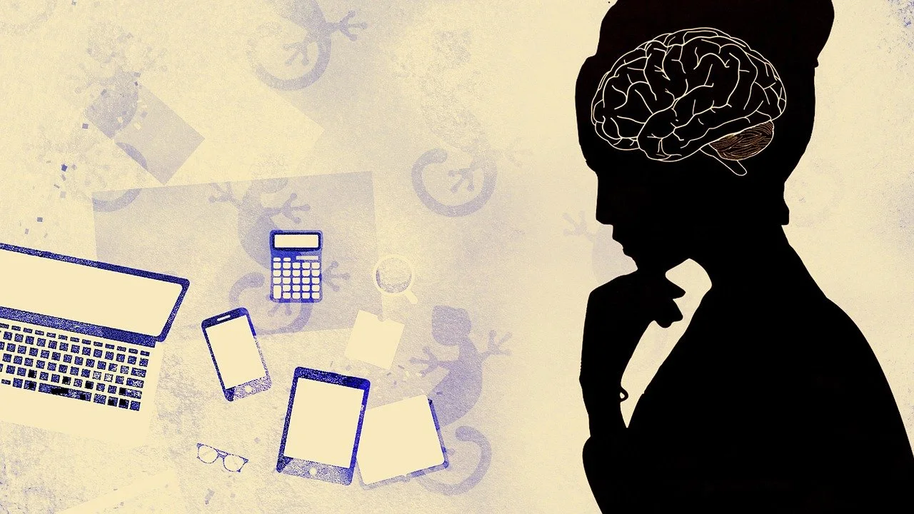 Graphic of a woman with a hand to her chin, thinking. She is surrounded by graphics of electronic devices.