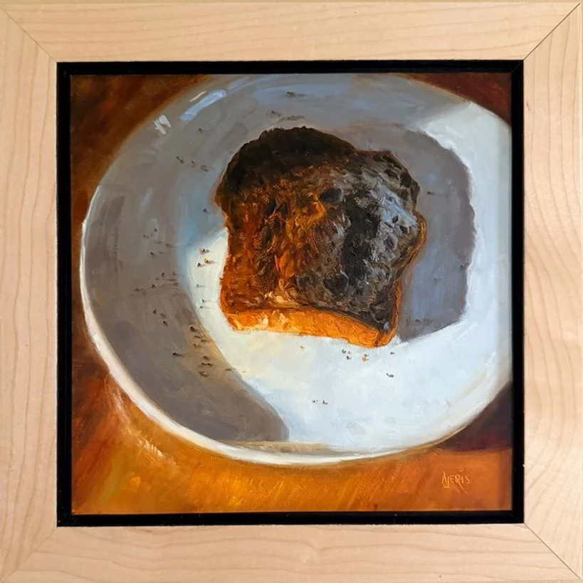 Burnt Toast:  Andrea Jeris Oil painting 8x8 $300