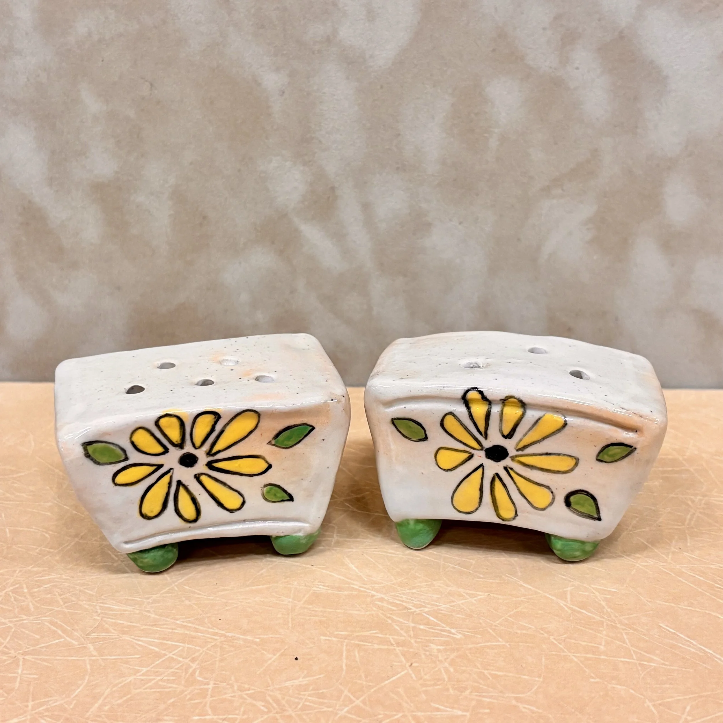 Salt and Pepper Shakers - White with Yellow Flower