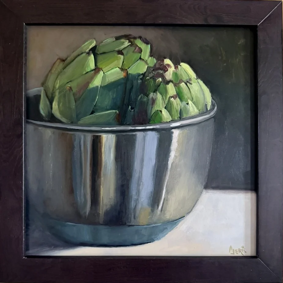 Artichokes:  Andrea Jeris Oil painting  10x10 $400
