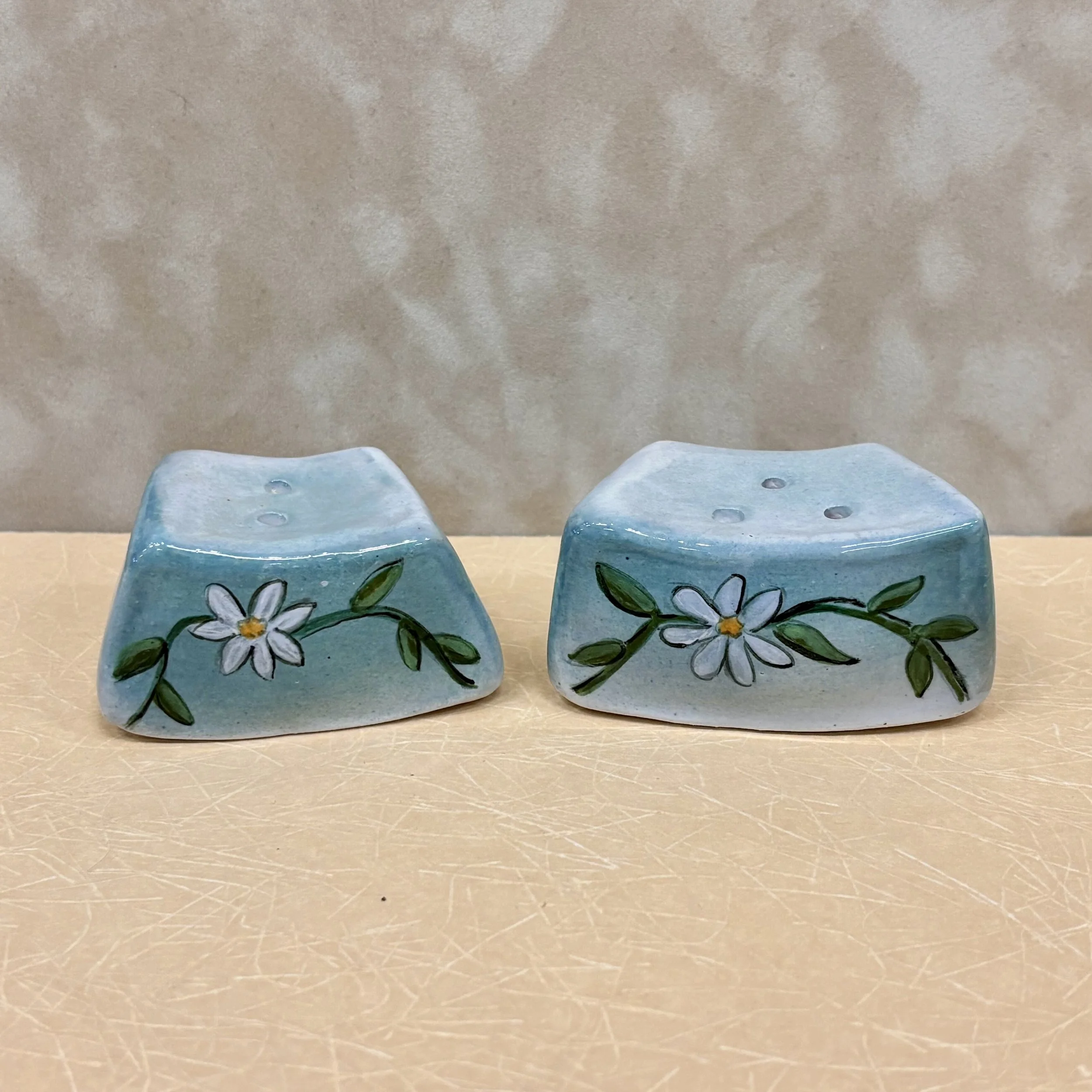 Salt and Pepper Shakers - Blue with White Flower