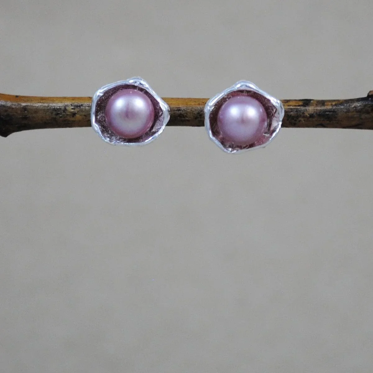 Pink Oyster Pearl Stud Earrings - Sterling Silver