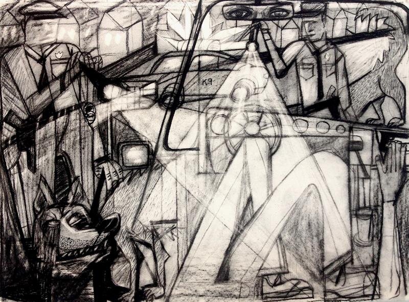 "please stop the vehicle", charcoal on paper, 18" x 24"