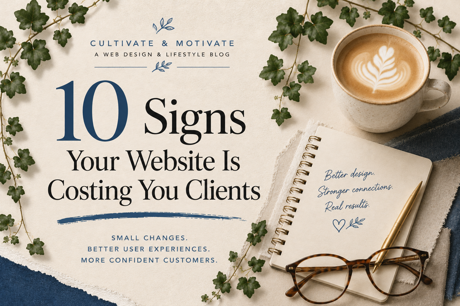 Workspace with notebook and latte illustrating common website mistakes that cost businesses clients