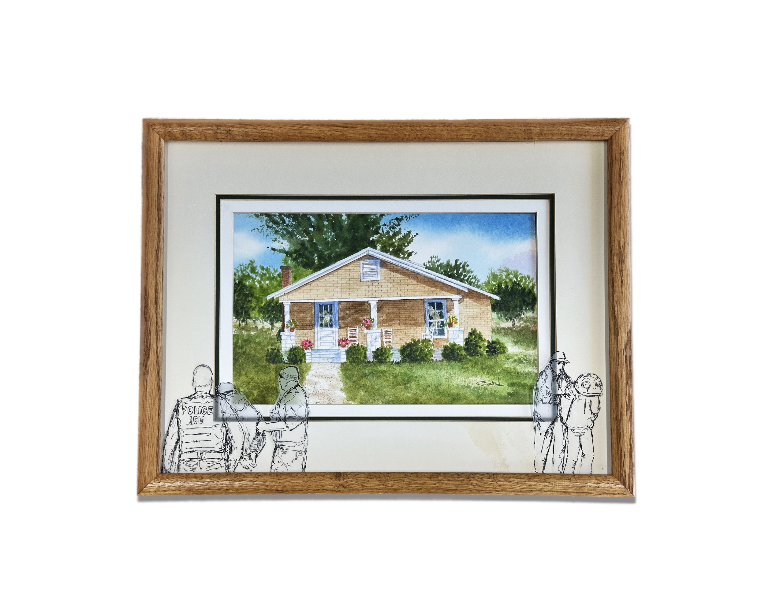 Yesterday While Passing Your House, Mix media on found painting, 17 x 13 in (with frame) 