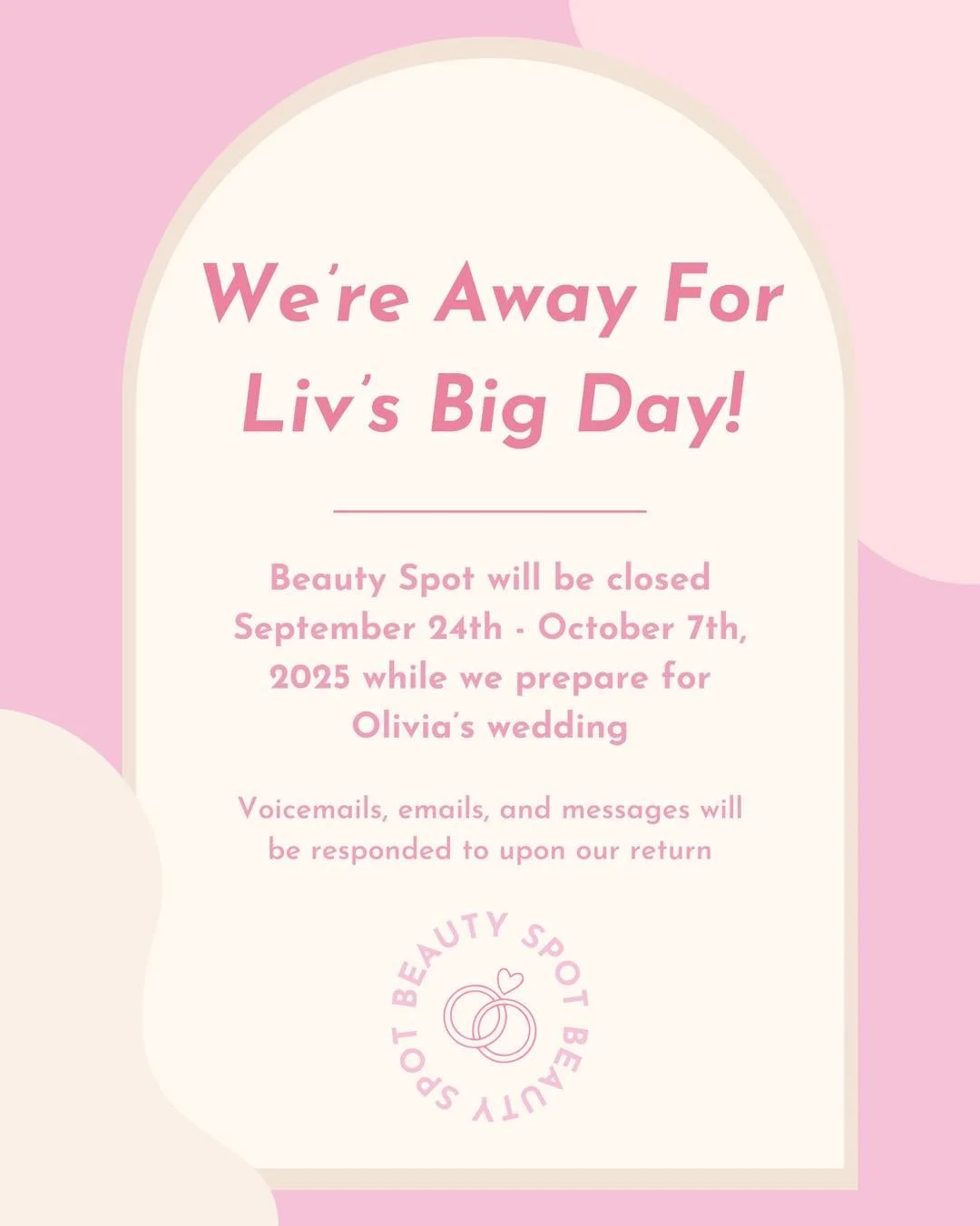 🤍 The time has come 🤍

And we are stepping back briefly, as we prepare for Olivia&rsquo;s wedding this September. 

✨Beauty Spot will be closed from Wednesday, September 24th - Tuesday, October 7th, 2025. 

You can still reach us via DM with urgent