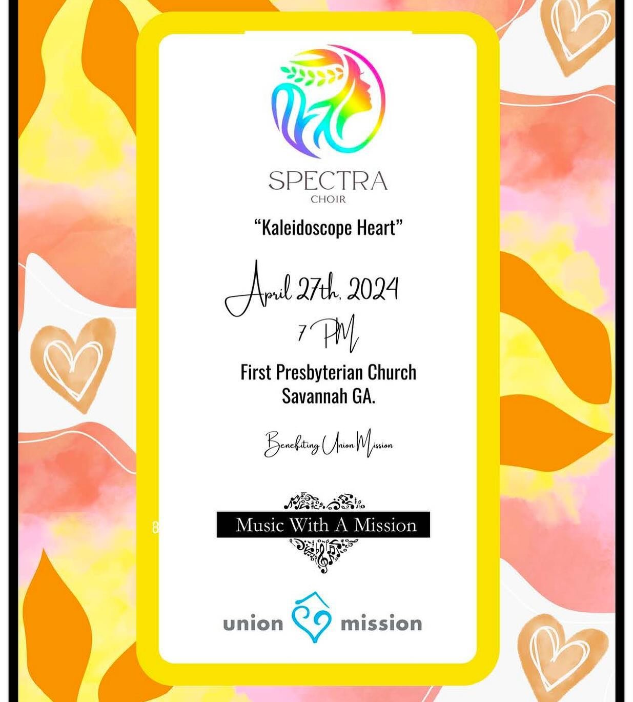 Experience the magic of music for a cause! Join us at First Presbyterian Church on Saturday, April 27th at 7:00pm for our Music with a Mission Concert Series. 

The Spectra Choir will dazzle you with their performance titled &lsquo;Kaleidoscope Heart