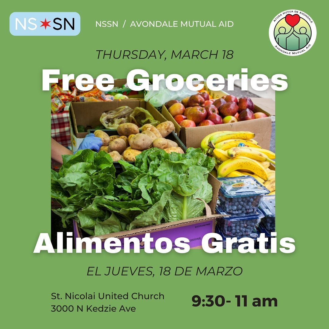 This Thursday, March 18th&mdash;free groceries and hot meal distribution at St. Nicolai, 3000 N. Kedzie with @avondalemutualaid!

9:30 - 11 a.m.: Shop groceries for free, no registration is required. Visit our Baby Spot to pick up formula, diapers, a