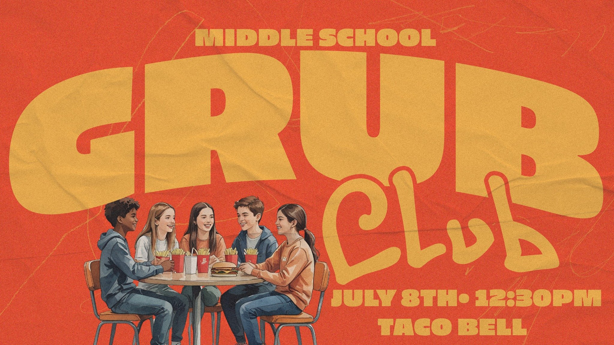 Middle schoolers throughout the summer, we're hitting up different spots around town for lunch and good company. No agenda, no program &mdash; just great food, great people, and a reason to get out of the house.

Our July stop is:
Taco Bell
1015 Cosh