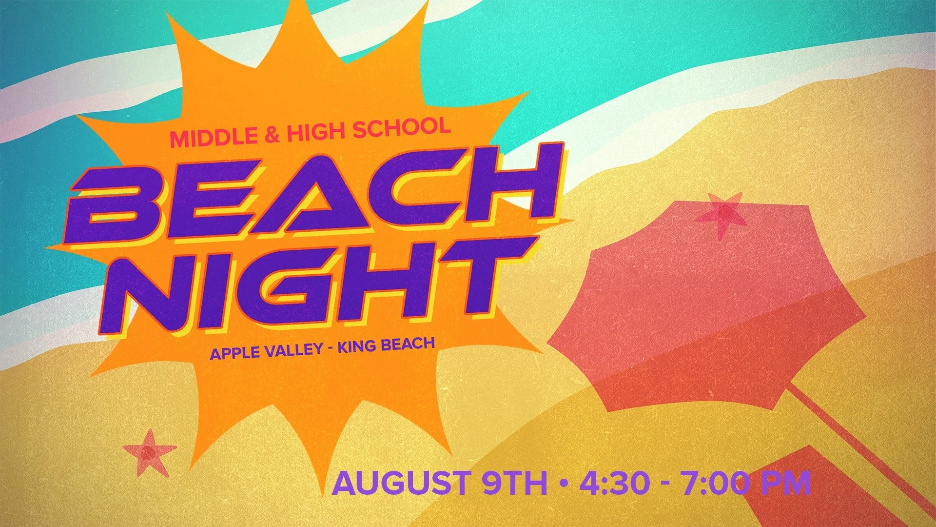 Middle schoolers and high schoolers, join us for a night at the beach!

Pastor Evan and Stewart are hosting a beach night at King Beach on Sunday, August 9th. We will meet at 4:30 pm. Parents will be grilling for the kids, and we are planning to go t