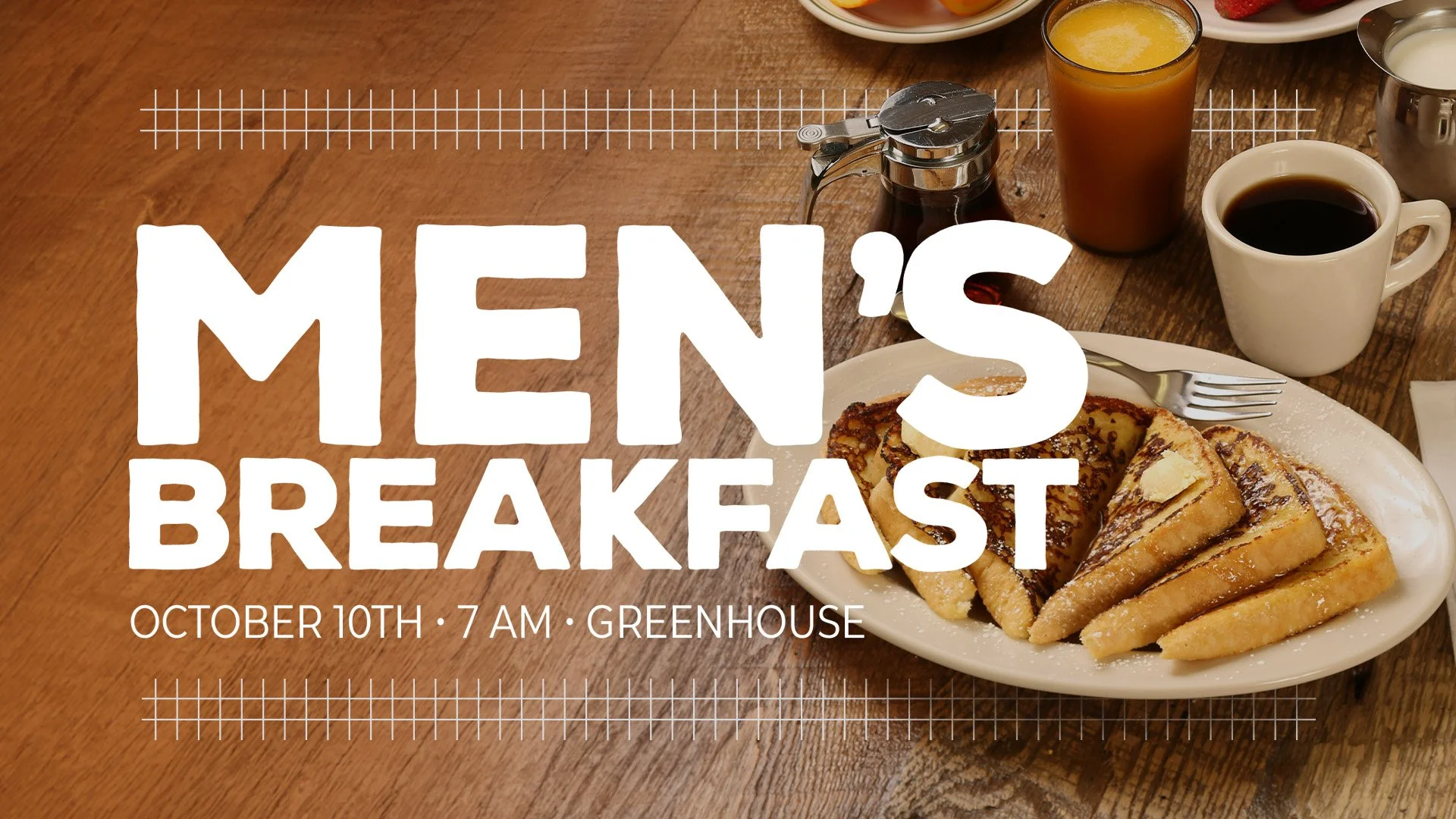 Our free monthly men's breakfasts are a time of connecting, growing, laughing, being encouraged, sharing stories, etc. We will meet at the Greenhouse at 7:00 AM those mornings. Invite a friend. Registering really helps us plan for food and setup. Loo