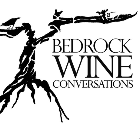 Stylized design of a grape vine framing the text "Bedrock Wine Conversations"