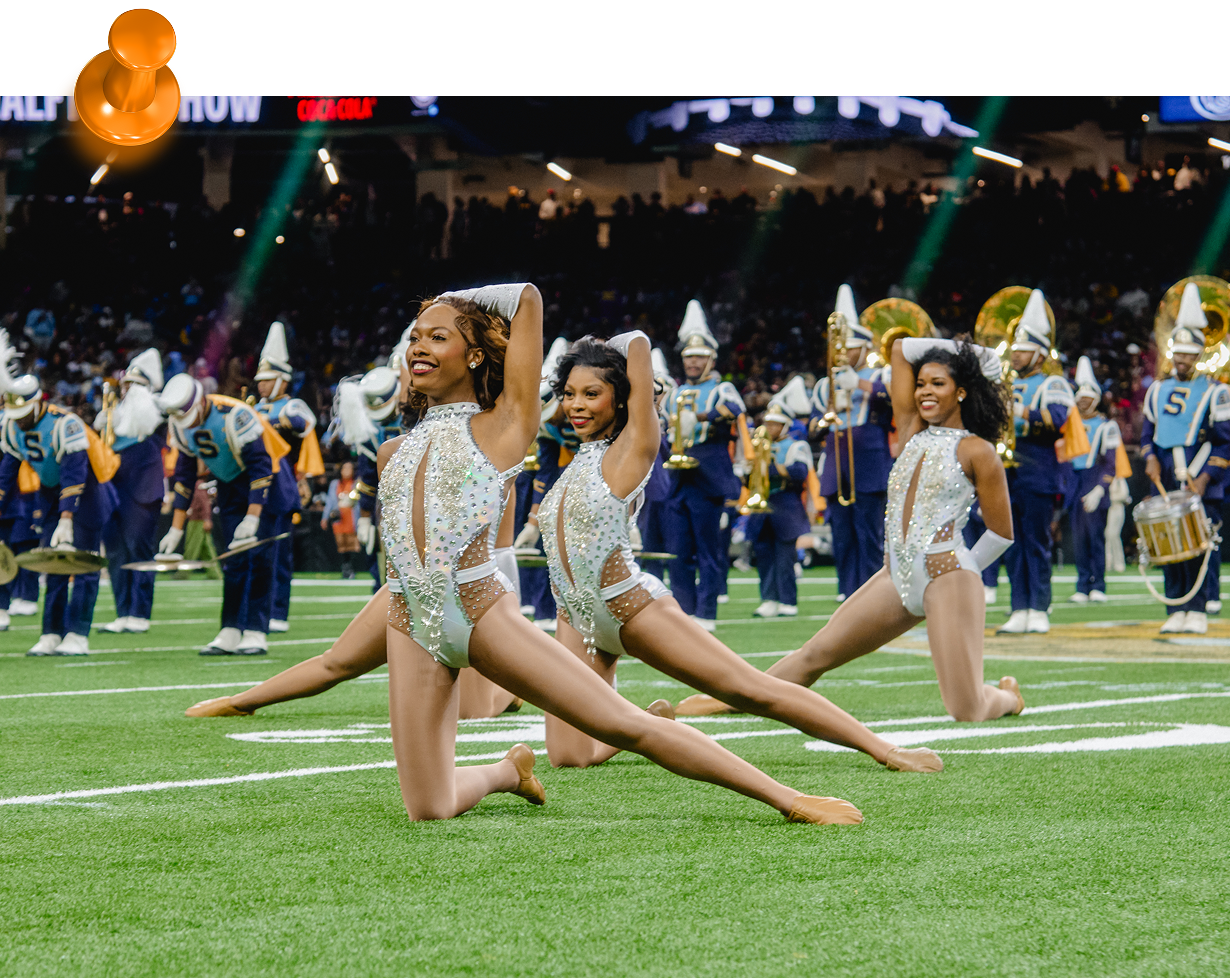 Pinned photo of HBCU girls performing on football field