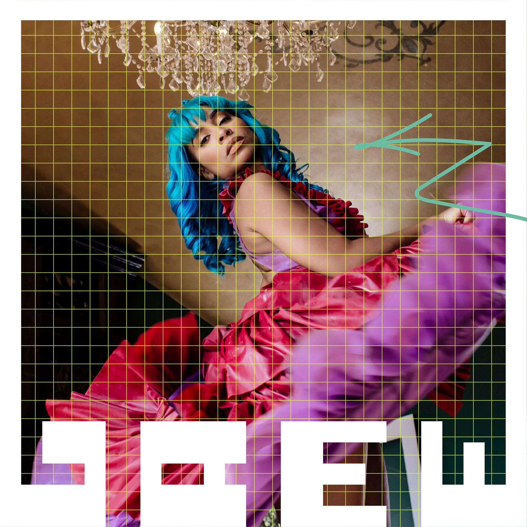 Instagram post of woman with grid textures and an arrow icon