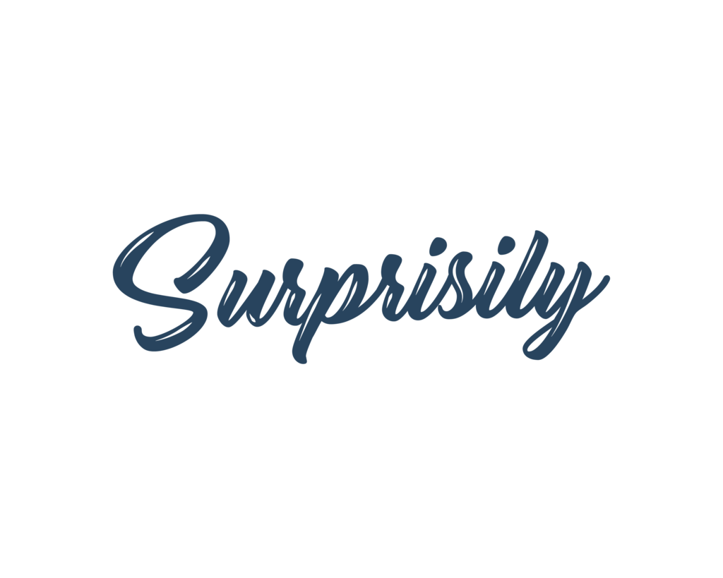 The logo of Surprisily that looks cursive and blue