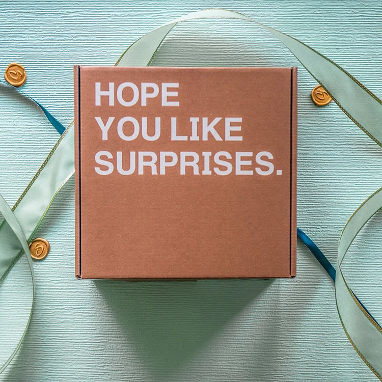 Front of box that says "Hope you like surprises."