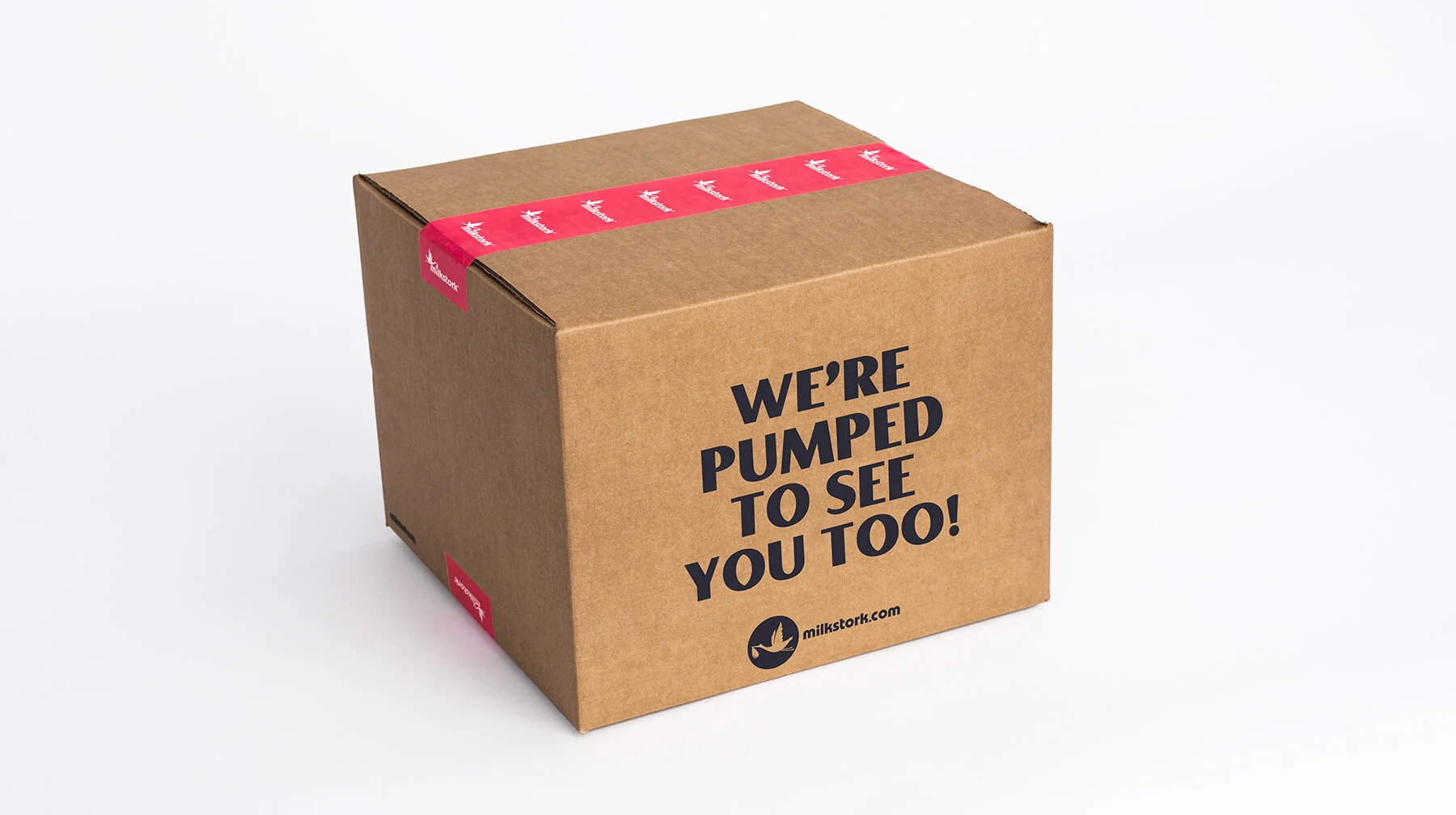 MIlkstork packaging with the words "We're pumped to see you too!