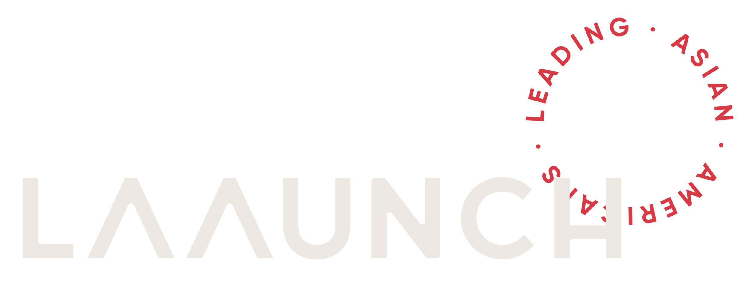 Laaunch logo in cream with red circle text that reads "Leading Asian Americans"