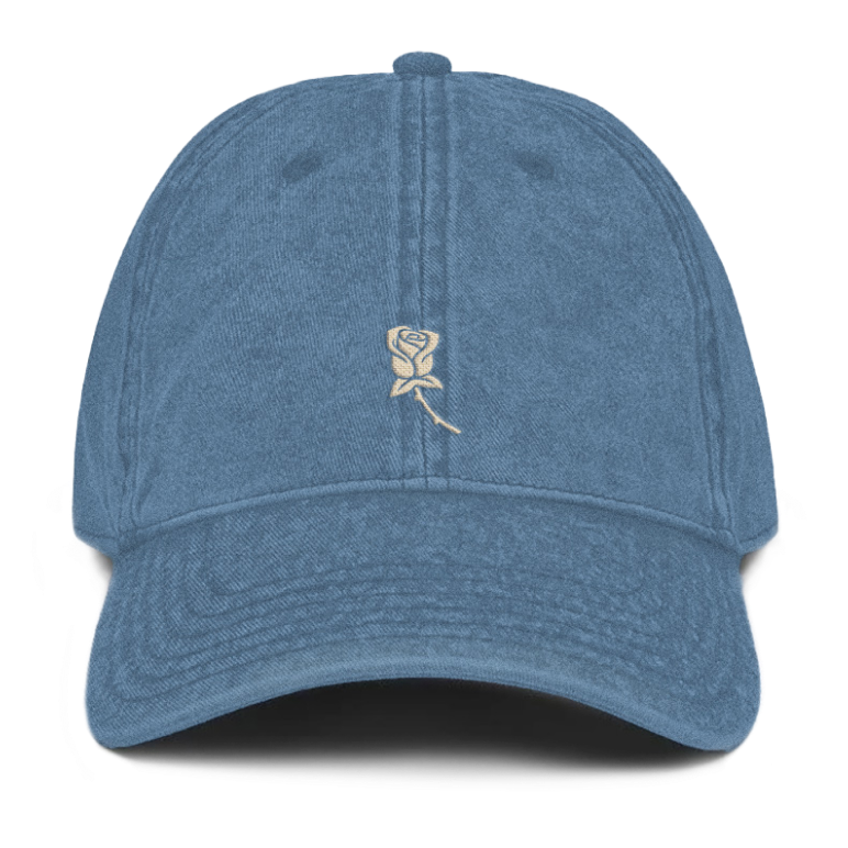 denim South Central Wine hat with tan Rose on the front