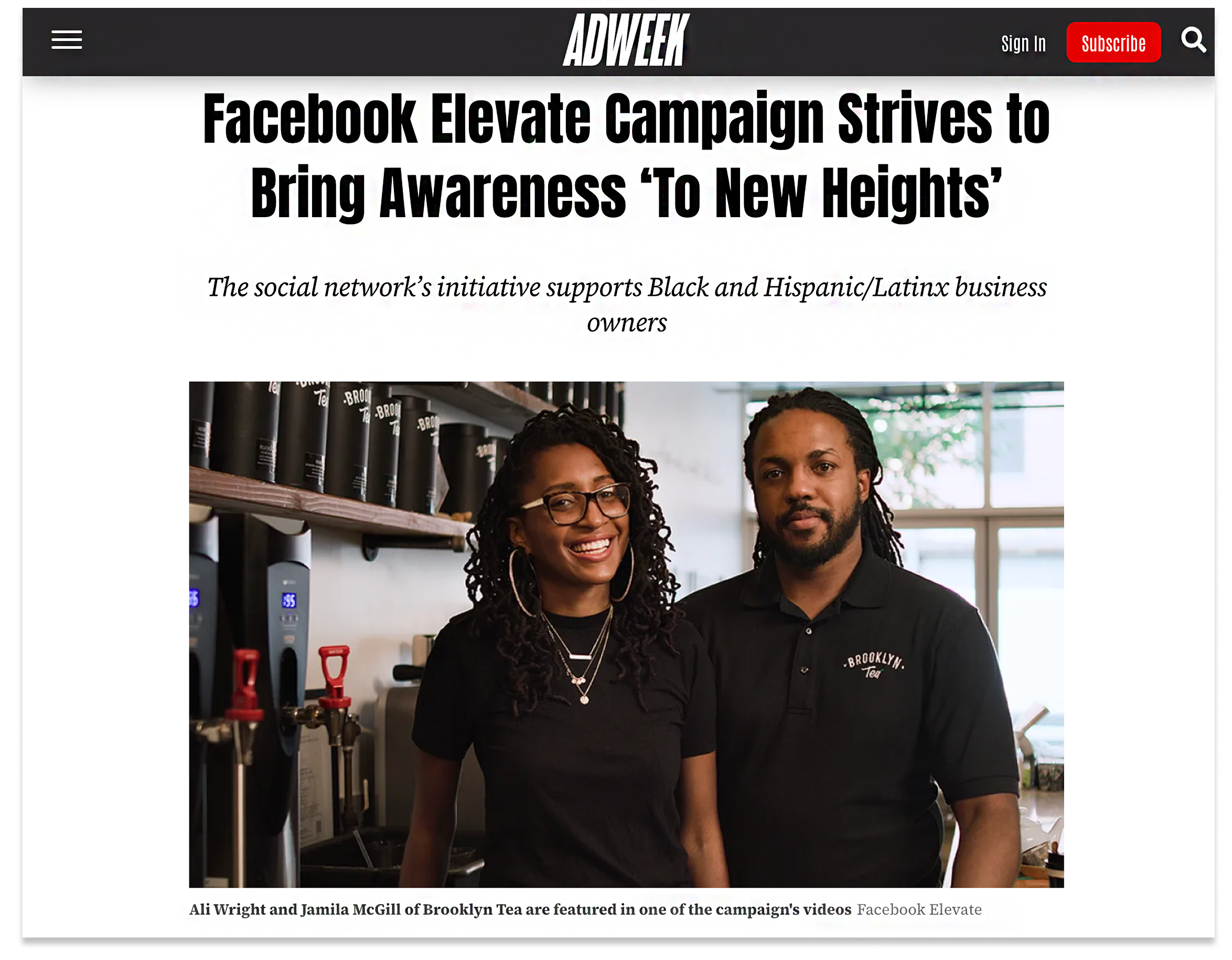 Facebook Elevate campaign featured in Adweek titled"Facebook Elevate campaign strives to bring awareness to new hieghts"