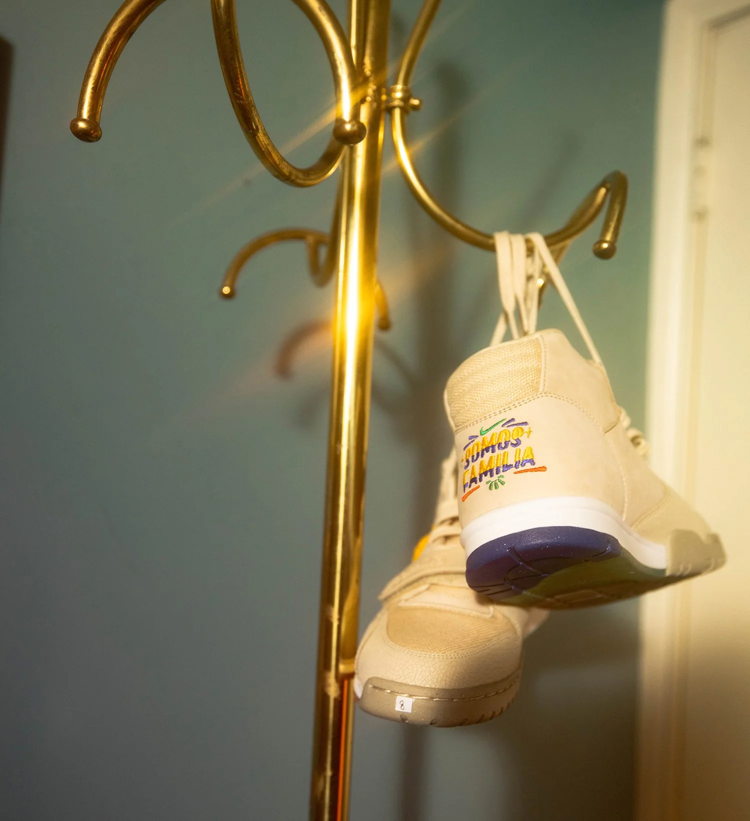 Shoes hanging from rack