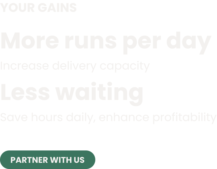 White text that says "your gains:More runs per day, increase delivery capacity" and "less waiting, save hours daily, enhance profitability"