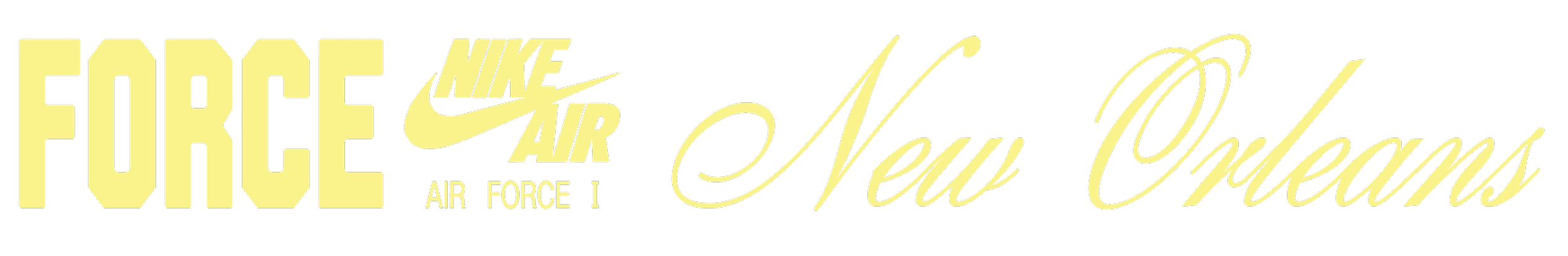 yellow text of nike air force 1 and cursive words that say New Orleans