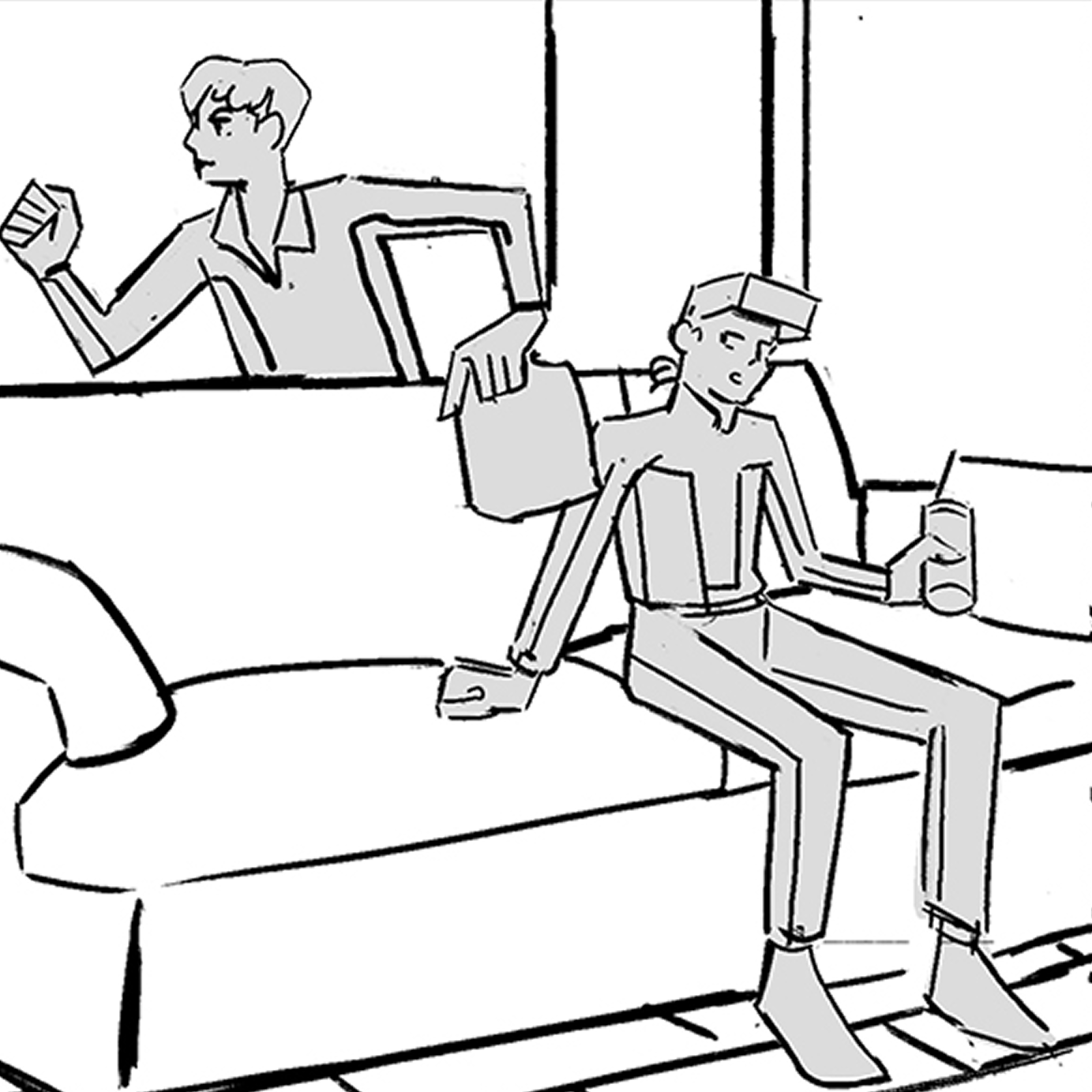 Drawing of guy in a track suit sitting on couch with VR head set
