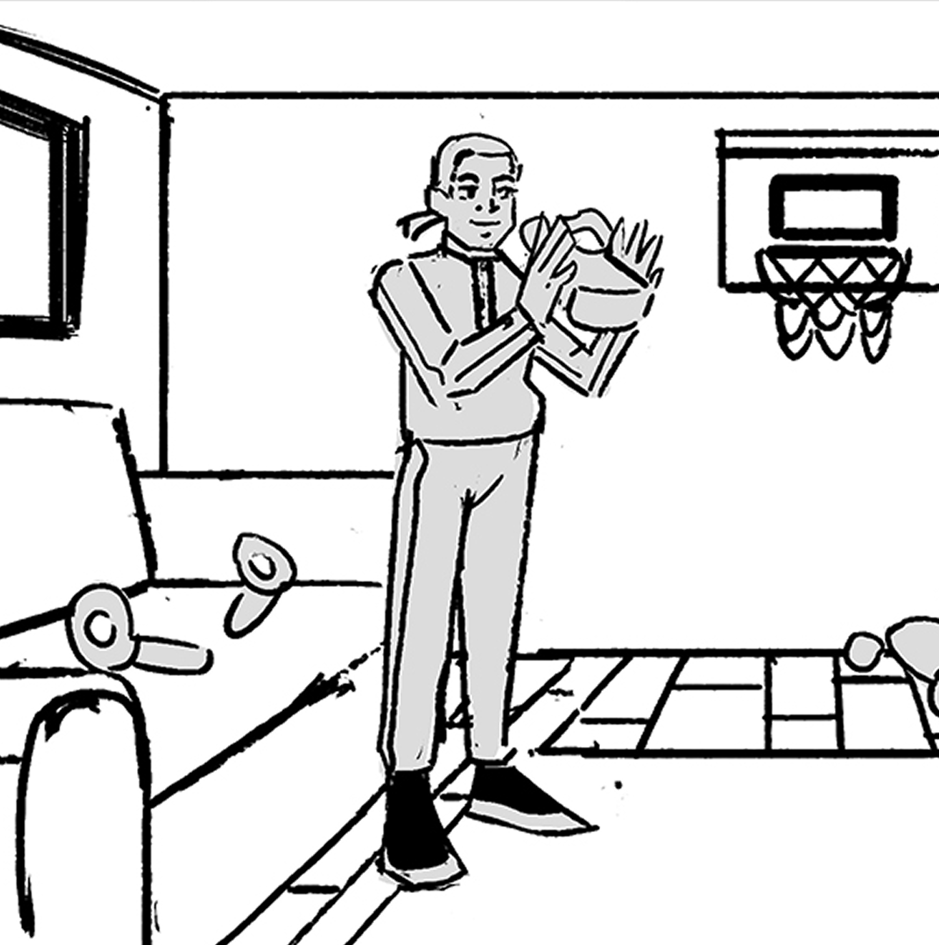 Drawing of a guy in a track suit in a living room with VR head set