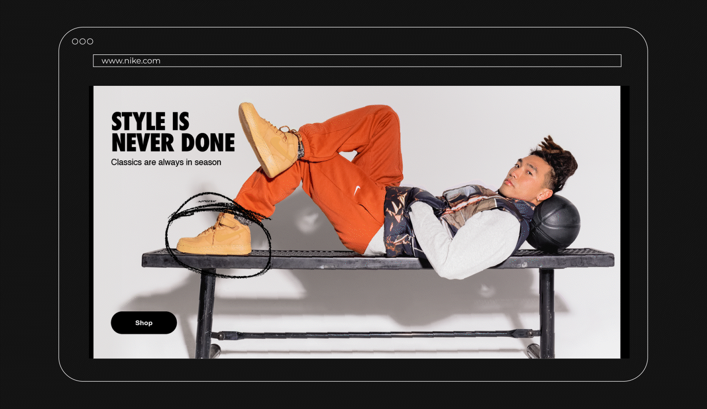 Images rotating of a website header for nike with text that reads "never done bending the rules" and "Style is never done"