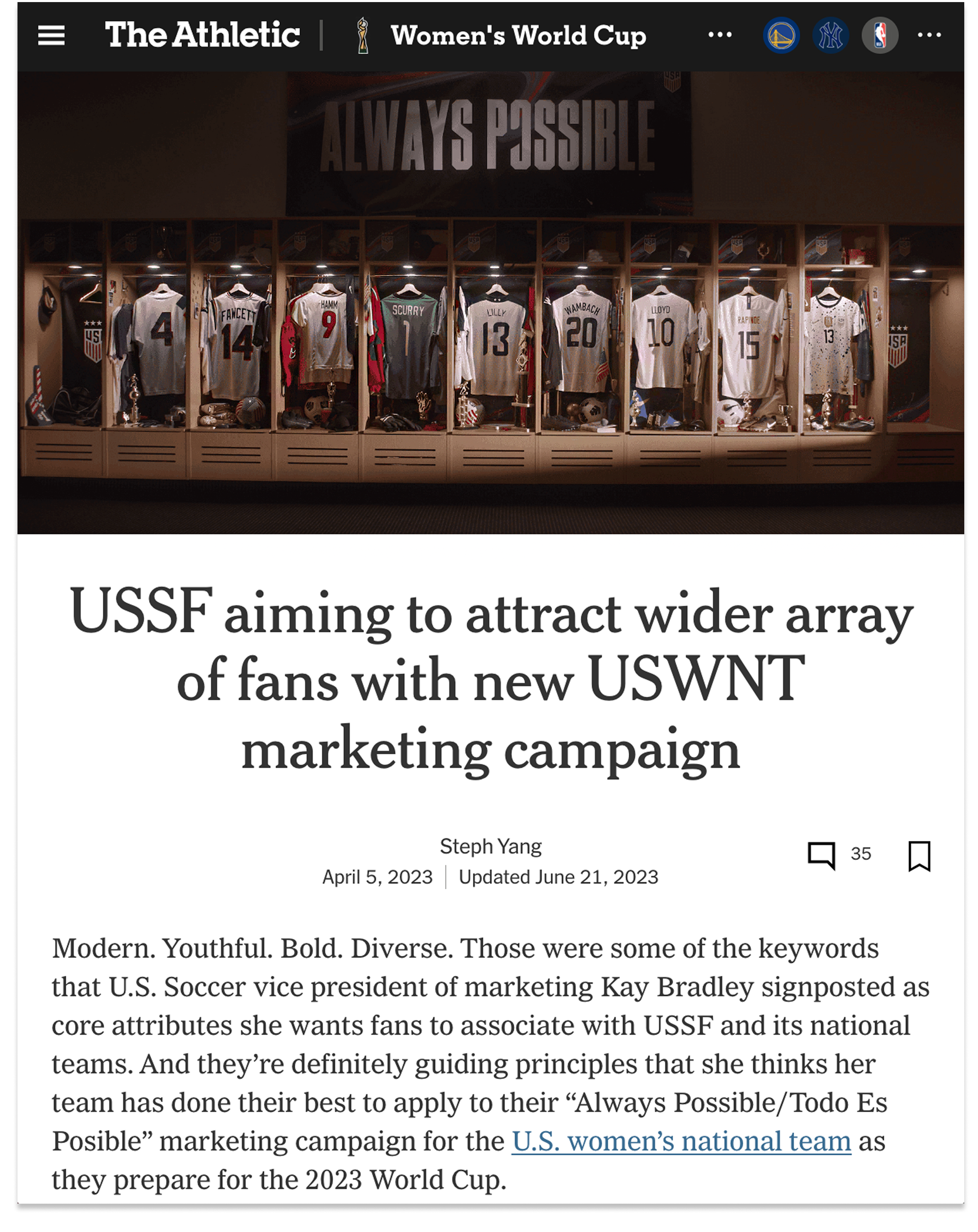 US women's national team world cup featured in the Athletic