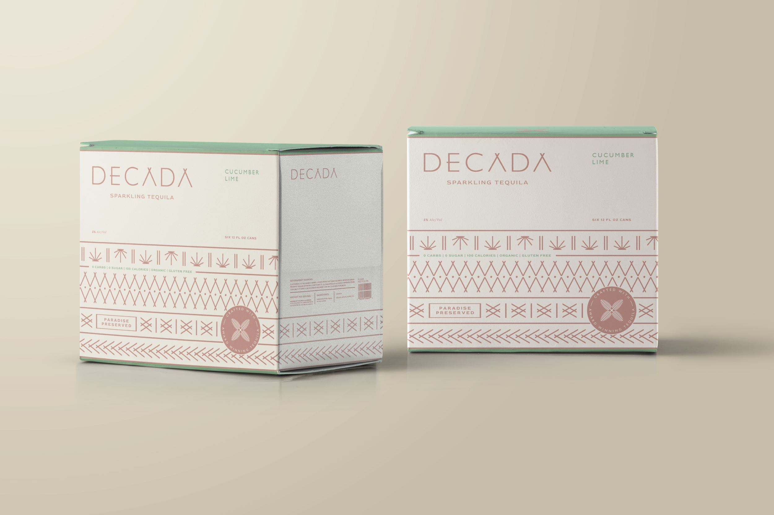 Packaging for Decada in colors of white, pink, and green with Decada's pattern