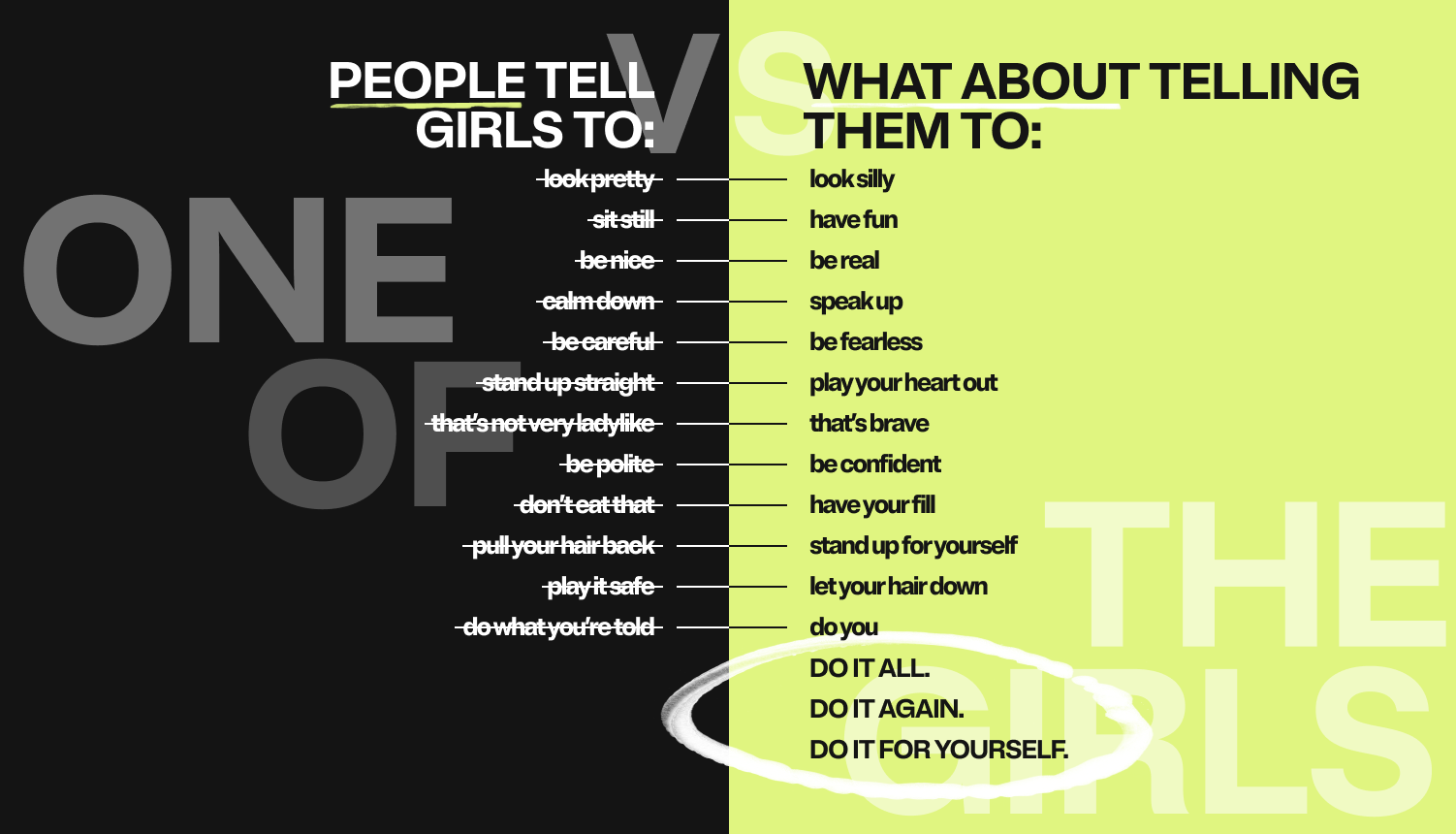 NIke kids bra campaign manifesto on black and green background