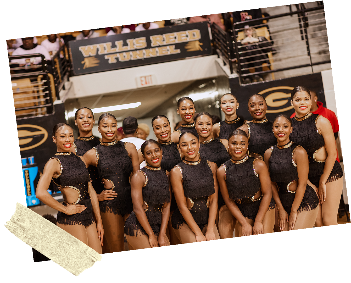 taped photo of women in black uniforms