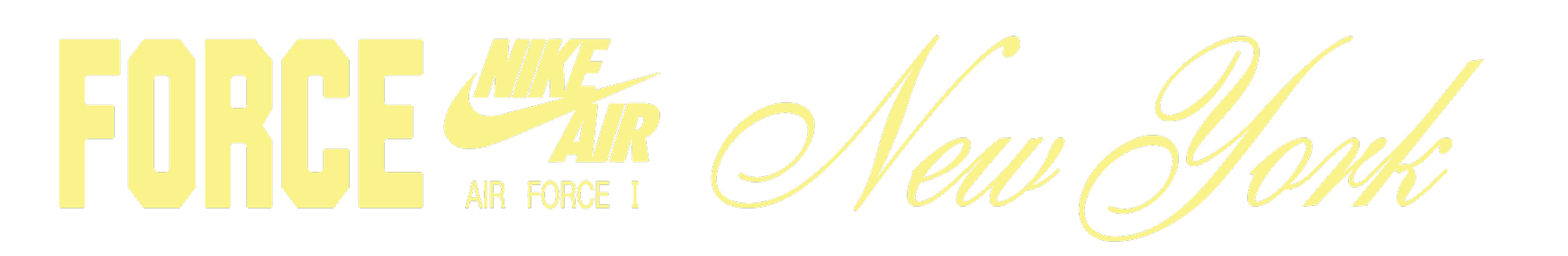 yellow text of nike air force 1 and cursive words that say New York