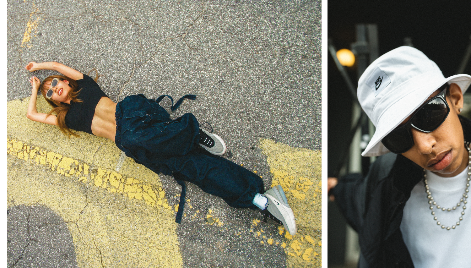 Woman lying down in Nike Air Max and a man wearing Nike bucket hat 